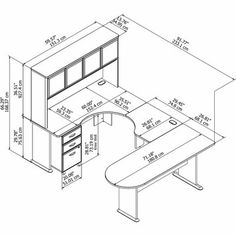 an office desk with two drawers and a file cabinet in the middle, measurements for each drawer