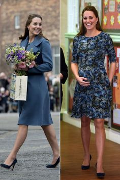 two pictures of the same woman in different outfits, one is wearing a blue dress