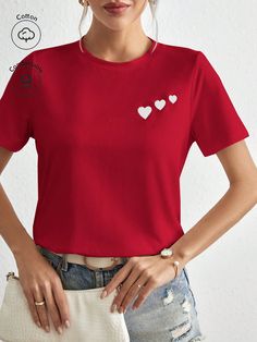 Cotton Heart Embroidery Round Neck Tee Red Casual  Short Sleeve Knitted Fabric Heart  Slight Stretch Summer Women Clothing, size features are:Bust: ,Length: ,Sleeve Length: Fashion Terms, Best T Shirt Designs, Fabric Heart, Round Neck Tees, Sports Tees, Women T Shirts, Womens Activewear, Heart Print, Casual T Shirts