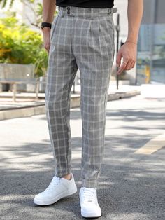 Men Plaid Slant Pockets Roll Up Hem Tailored Pants | SHEIN USA Hype Clothing, Plaid Trousers, Look Retro, Clean Body, Stylish Mens Outfits, Trousers Pants, Natural Fabric, Grey Pattern, Tailored Pants