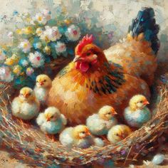 an oil painting of chickens and chicks in a nest