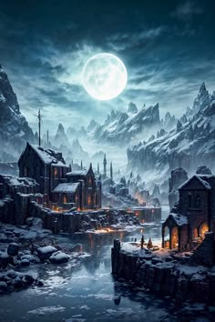 a painting of a snowy mountain town with a full moon in the sky above it