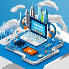 a laptop computer sitting on top of a cloud filled with different types of technology and gadgets