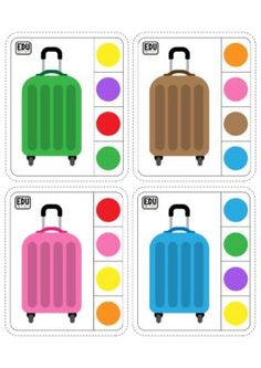 four pieces of luggage with different colors and shapes to match the size, shape, and color