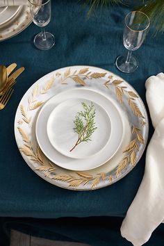 a white plate topped with a green sprig on top of a blue table cloth