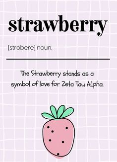 a strawberry with the words strawberry written in black and white, on a pink background