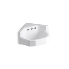 KOHLER Marston Wall-Mount Cast Iron Bathroom Sink in White with Overflow Drain - Super Arbor Cast Iron Bathroom Sink, Corner Bathroom Sink, Corner Sink Bathroom, Corner Bathroom, Bathroom Sink Tops, Wall Mount Sinks, Console Sinks, Corner Sink, Over The Sink