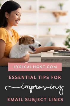 a woman sitting at a desk with her dog on her lap and the words essential tips for