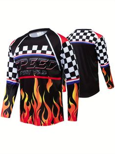 a long sleeved shirt with flames and checkered design on the front, black and red