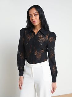 Our most feminine button-up blouse, now in chic black lace. Puff shoulders create gentle volume while a sharp collar adds definition. Pair with white denim for a romantic day-to-night look. | L'AGENCE Jenica Lace Blouse Top In Black Denim Party, Black Lace Blouse, Night Looks, Clothes Collection, Blazer Dress, Premium Denim, Lace Blouse, A Romantic, White Denim