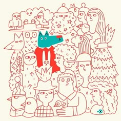 an image of people and a dog in the middle of a line art style illustration