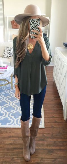 Simple yet stylish, this army green blouse features v-neck and 3/4 sleeve, pairing it with your jeans and boots would be perfect. See more amazing items at Fichic.com! Boots Winter, Women Boots, Tall Boots, Outfits Ideas, Outfits Casuales, Street Fashion