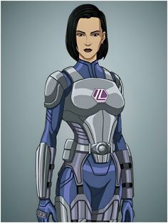 a woman in a futuristic suit standing with her hands on her hips