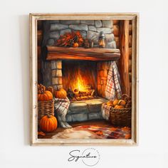 a painting of a fireplace with pumpkins on the mantle