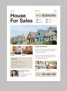 a real estate flyer with houses for sale on the front and back side, in white