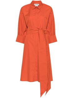 carrot orange cotton poplin texture box-pleat detail pleat detailing straight-point collar concealed front button fastening three-quarter length raglan sleeves detachable belt straight mid-length hem Fall Workwear Shirt Dress With Pleated Sleeves, Fall Shirt Dress With Pleated Sleeves For Work, Cotton Shirt Dress With 3/4 Sleeves For Work, Pleated Cotton Shirt Dress For Work, Orange Collar Dress, Workwear Cotton Pleated Shirt Dress, Orange Relaxed Fit Cotton Shirt, Luxury Orange Cotton Shirt, Orange A-line Cotton Dress