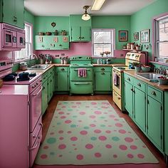 an old fashioned kitchen with green and pink cabinets, polka dot rug, and wooden floors