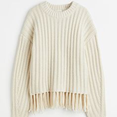 Brand New, Never Worn, Still Has Tags. Size Xxl. Cream/Ivory Color. Adorable Chunky-Knit Sweater With Fringe At Hem. Went Viral After Being Featured On Tibal’s Instagram. Retailed For $65, No Longer Available Online. From The H&M Website: “Rib-Knit Sweater With Wool Content. Round, Rib-Knit Neckline, Dropped Shoulders, And Long, Slightly Tapered Sleeves. Decorative Fringe At Hem.” Polyester 50%, Acrylic 45%, Wool 5% Fringe Sweater, Autumn Casual, Maternity Sweater, Ribbed Knit Sweater, H&m Women, Chunky Knits Sweater, Chunky Sweater, Wool Blend Sweater, Long Sweaters