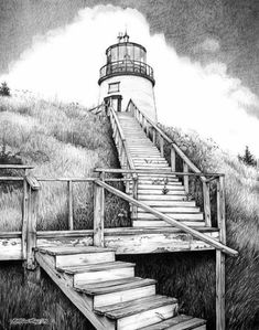 a drawing of stairs leading to a lighthouse