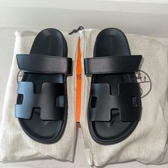 Brand New Authentic Hermes Chypre Sandals Eur 37 With The Original Box And Two Dust Bags Hermes Takara Sandal, Hermes Enid Sandal, Hermes Sandals Pool, Luxury Black Slides For Beach, Luxury Black Slides For The Beach, Luxury Black Beach Slides, Chypre Sandal Hermes, Hermes Oasis Sandals, Sandal Hermes