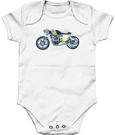 a white bodysuit with a motorcycle on it