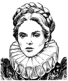 a black and white drawing of a woman with braids on her head, wearing a dress