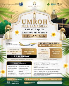 the flyer for umroh, an islamic festival in malaysia with gold and green colors