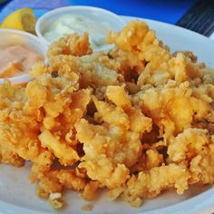 fried food on a white plate with dipping sauce