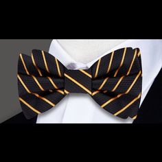 Introducing the ultimate accessory for the sophisticated gentleman - the black and gold pinstripe silk bow tie. This sleek and elegant bow tie is crafted from the finest silk and boasts a luxurious sheen that catches the light in all the right places, highlighting the subtle details of its classic pinstripe pattern. Available in both self-tie and pre-tied options, this bow tie is perfect for bow tie enthusiasts of all levels. The black and gold color scheme is bold and striking, making it the pe Types Of Bows, Tie Matching, Pinstripe Pattern, Gold Color Scheme, Silk Bow Ties, Black Tie Affair, Silk Bow, Silk Pocket Square, Gold Silk