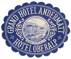 the grand hotel and restaurant logo is shown in blue on a white background, with an ornate scalloped border