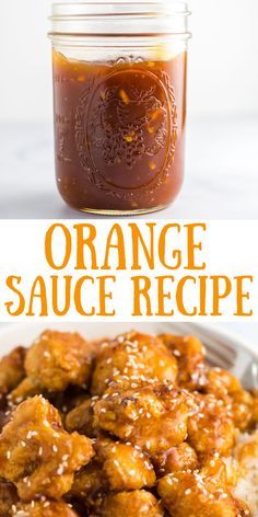 orange sauce in a glass jar next to a plate of food