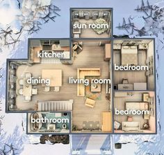 the floor plan of a two bedroom apartment in snow - covered trees, with furniture and kitchen