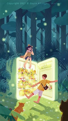 two people are standing in front of an open refrigerator that is filled with leaves and flowers