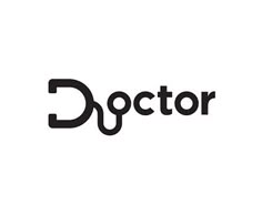 the doctor logo is black and white, with an arrow pointing to it's right