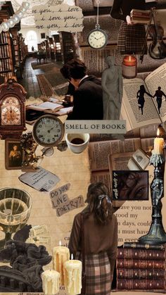 a collage of books, clocks, candles and pictures