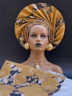 HOH inspired pretied gele with adjustable strap and shoulder piece. Elegant Yellow Party Headwrap, Latest Auto Gele Styles 2024, African Gele Head Wraps, Adjustable Gold Headwrap, Gele Headband, Head Wrap Styles, Hair Accessories Headbands, Head Wraps, Adjustable Straps