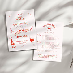 two wedding cards with wine glasses on them