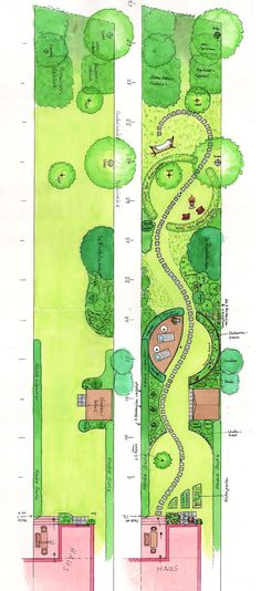 a plan for a garden with lots of green grass and small trees on each side