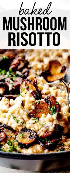 baked mushroom risotto in a skillet with a serving spoon