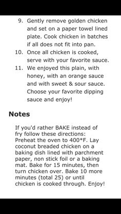 the instructions for how to bake chicken