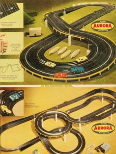 an advertisement for a toy track set with cars and tracks on it's sides