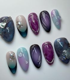 Water Droplet Nail Art, Indigo Acrylic Nails, Navy And Purple Nails, Galaxy Themed Nails, Starfire Inspired Nails, Whimsigoth Nail Art, Impressionist Nails, Nail Designs With Blooming Gel, Northern Light Nails