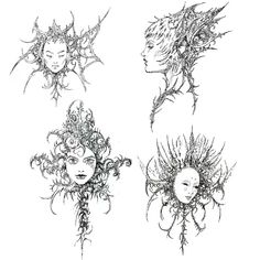 three drawings of faces with sunflowers on their heads and the head of a woman's face