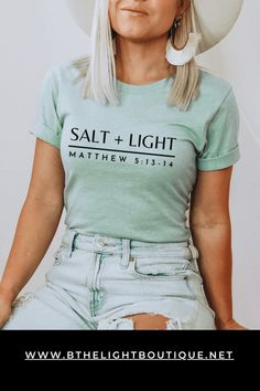 heather dusty blue colored short sleeve t-shirt with Christian design on the front center chest that says " SALT + LIGHT" in bold capital letters underlined. Below the line is "Matthew 5:13-14" Modest Christian Clothing, Christian Outfits, Christian Fashion, Patriotic Outfit, Christian T Shirt, Tshirt Mockup, Christian Clothing, Mens Sweatshirts Hoodie, Pullover Sweatshirts