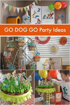 a collage of pictures with balloons, cake and cupcakes on it that says go dog go party ideas