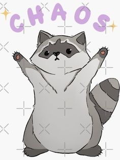 a raccoon with its arms up in the air and it's eyes closed