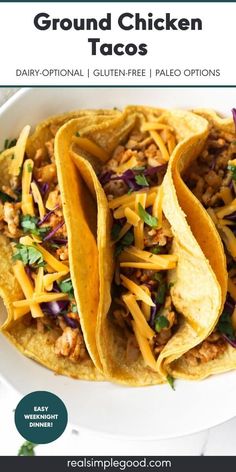 This 25-minute recipe for ground chicken tacos is a quick weeknight dinner that’s easy to get on the table fast. Mix and match toppings to please the whole family! We use simple, yet flavorful seasonings and whatever tortillas, toppings and sauces you love to make it a satisfying meal. | Real Simple Good via @realsimplegood Taco Seasoning Ingredients, Ground Chicken Tacos, Homemade Chipotle, Ground Chicken Recipes, Quick Weeknight Dinners, One Pan Meals, Ground Chicken, Chicken Tacos