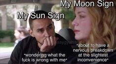 a man and woman sitting in the back seat of a car, with text over them that reads my moon sign about to have a nervous