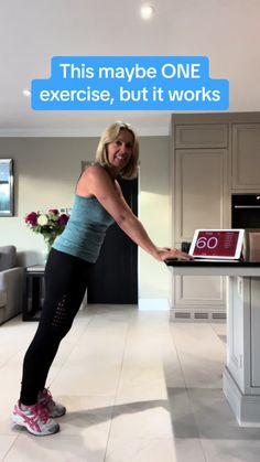 a woman standing in front of a laptop computer on top of a kitchen counter with the words, this maybe one exercise, but it works