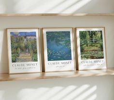 three framed art prints sitting on top of a wooden shelf